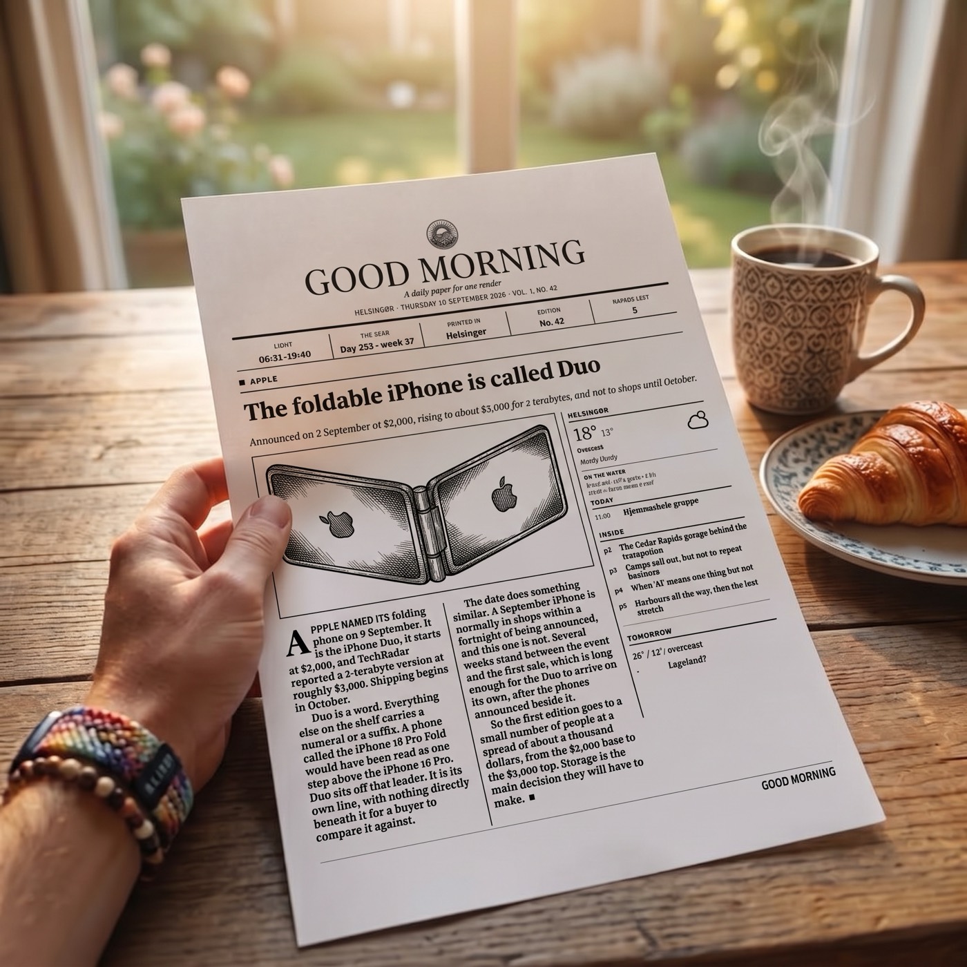 A printed edition on a breakfast table